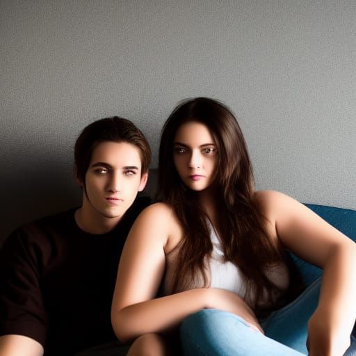 Young Couple Cuddling on Couch in Hyper-Realistic Style