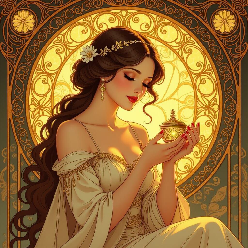 Elegant Woman Holding Treasure, Art Nouveau Style