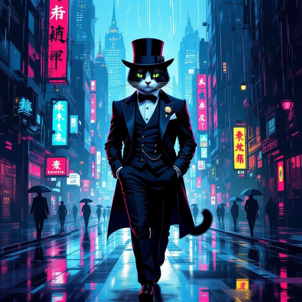 Dapper Cat in Cyberpunk Cityscape as Cubist Art