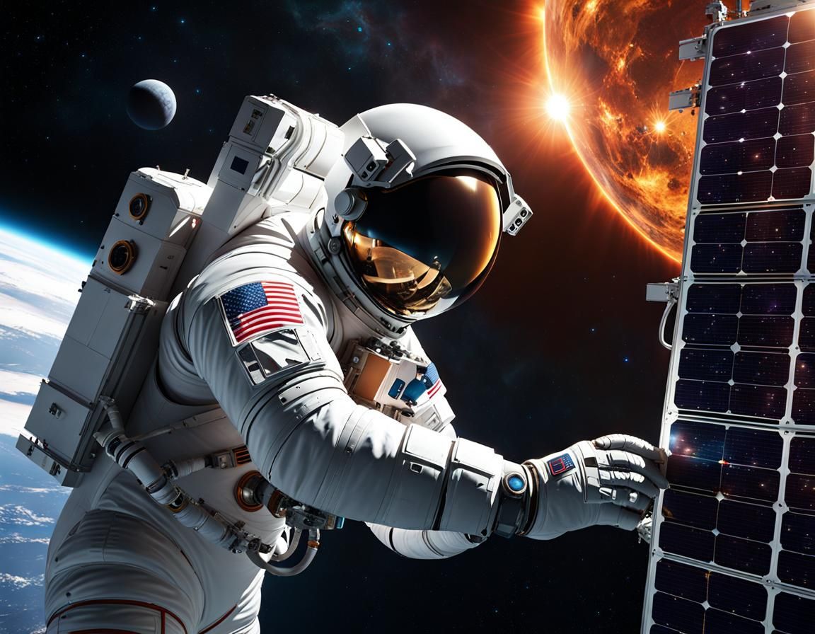 Astronaut Repairs Solar Panel in Space, Matte Painting