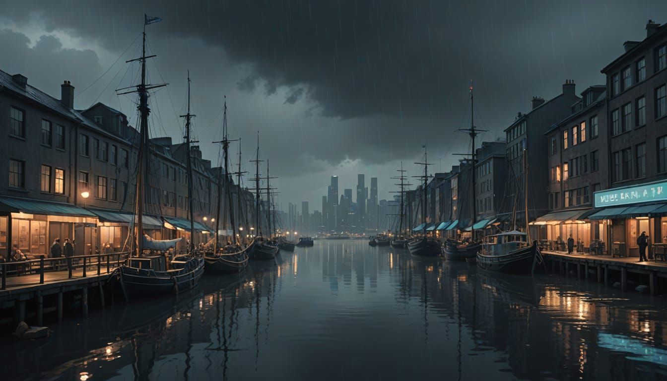 Gloomy Seaport at Dusk with Reflecting Lights