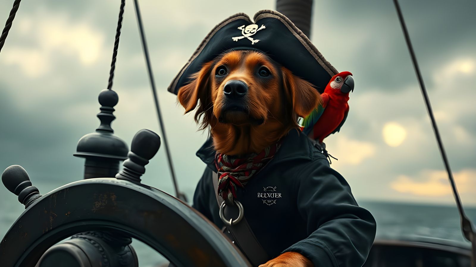 Pirate Dog at the Helm with Parrot