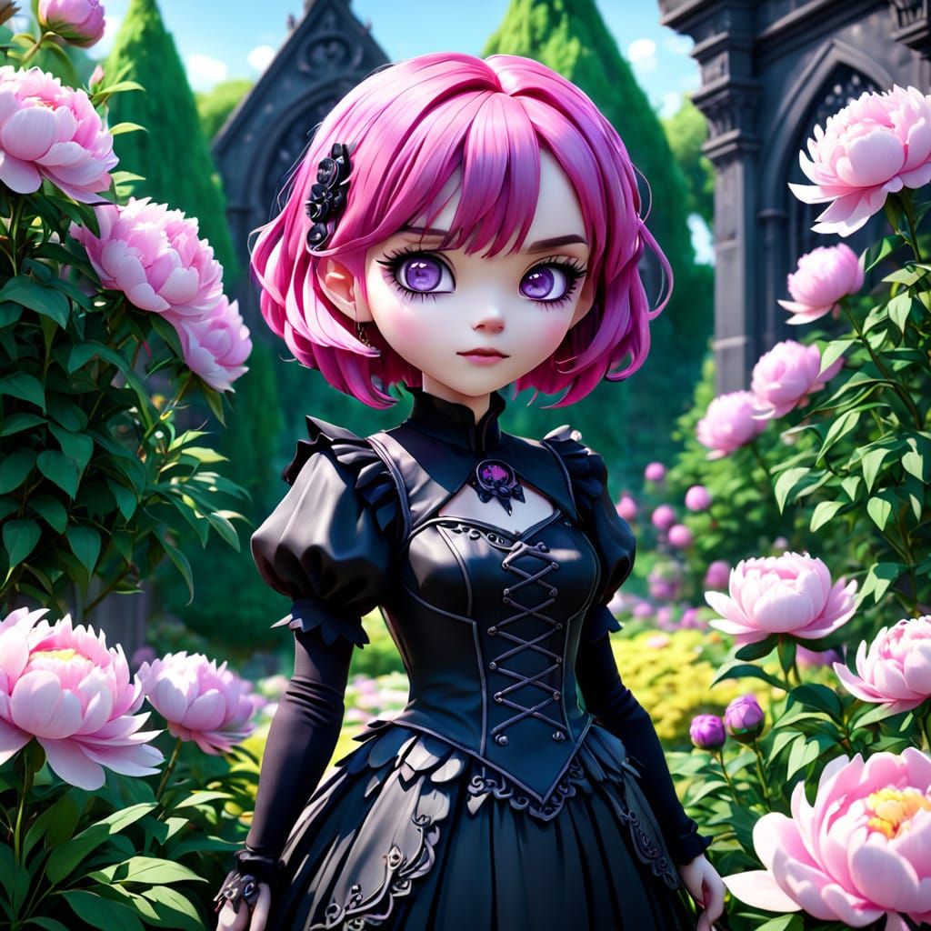 Gothic Chibi Goddess Amidst Vibrant Peonies in a Whimsical G...