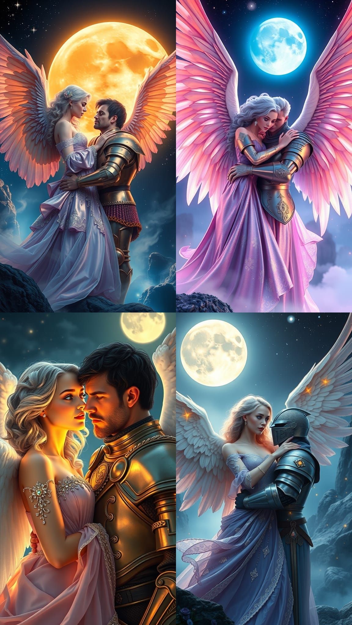 Angelic Woman Embraces Knight in Moonlit Fantasy Scene
