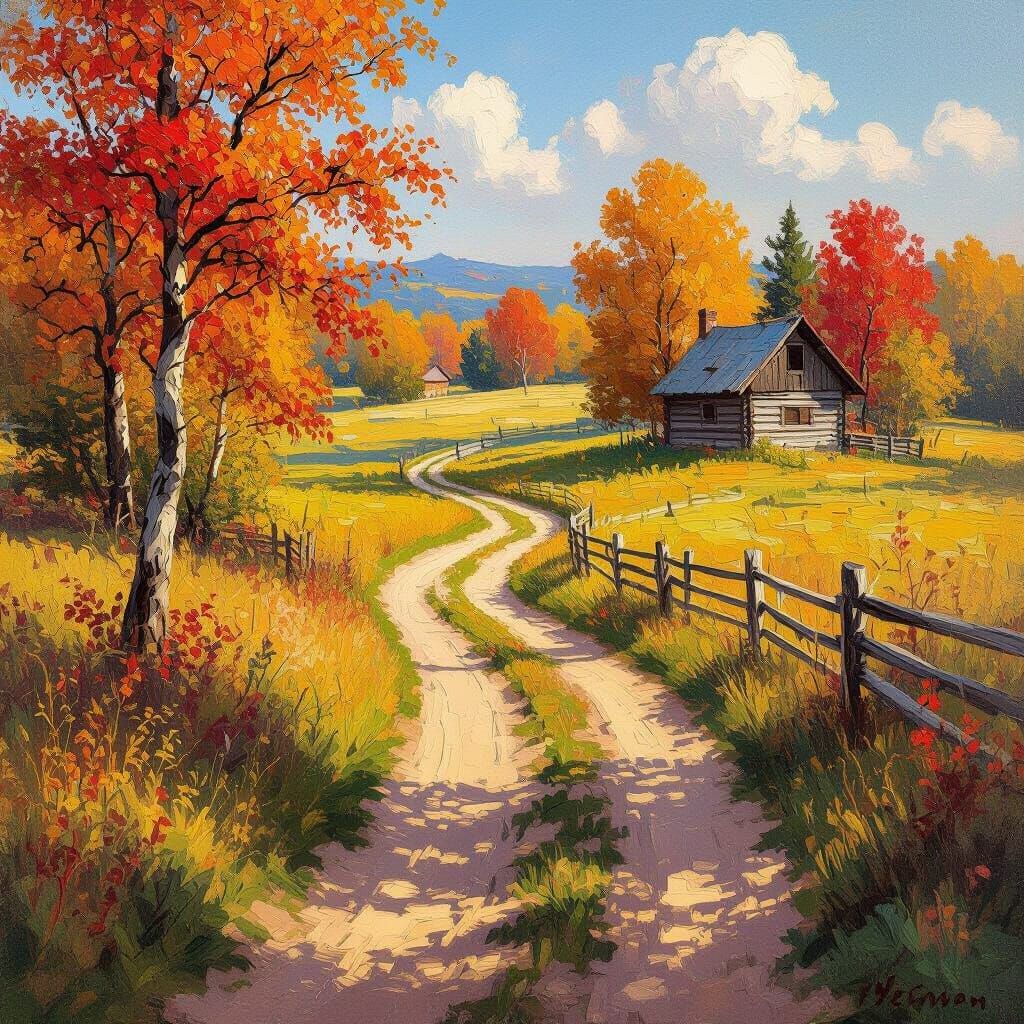 Autumn Cabin Path Oil Painting in Impasto Style