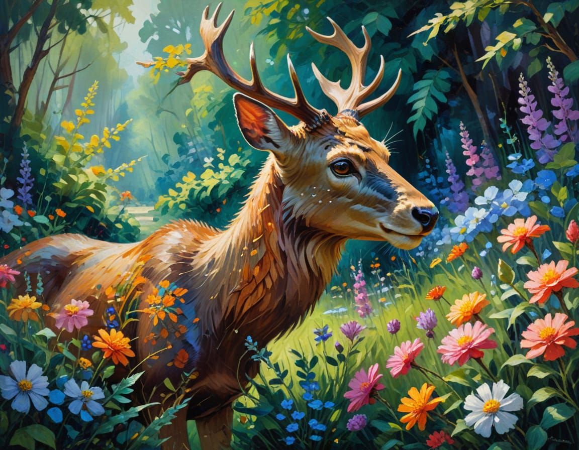 🥉deer in a flower garden