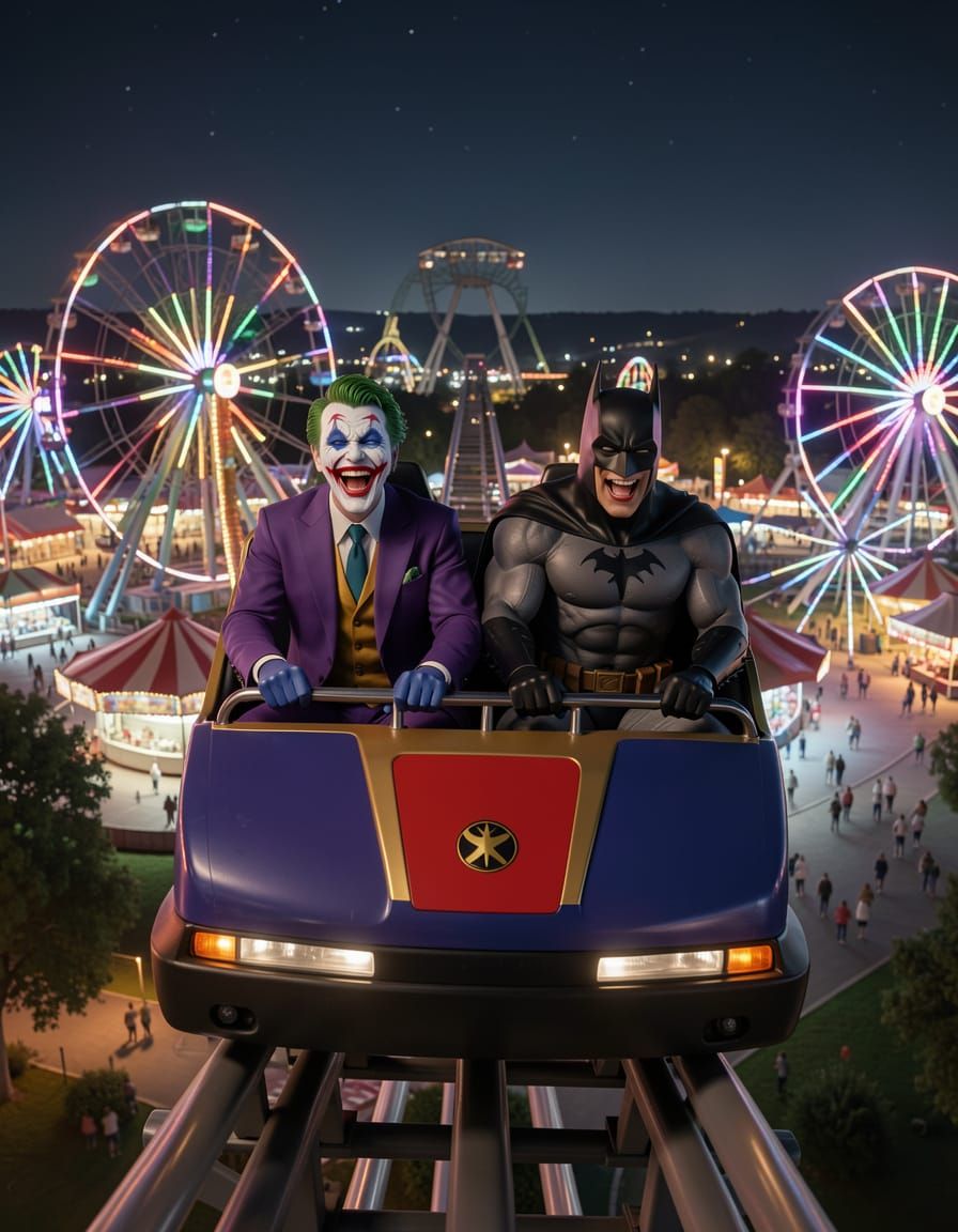 Joker and Batman Laughing on Rollercoaster at Night