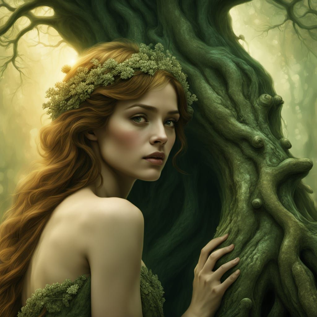 Mystical Dryad Against Ancient Tree at Sunrise, Ethereal Rea...