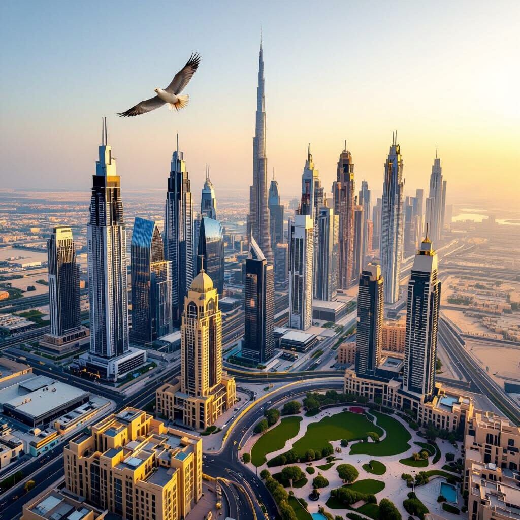 UAE Skyline from Above with Bird Overlook