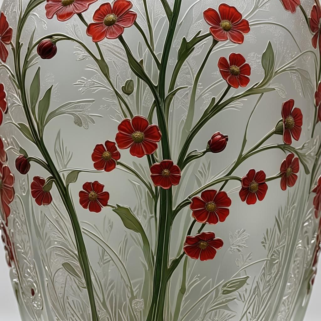 Art Nouveau Frosted Glass Vase with Floral Etchings