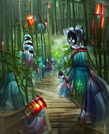 Geishas in Bamboo Forest with Yokai: Concept Art