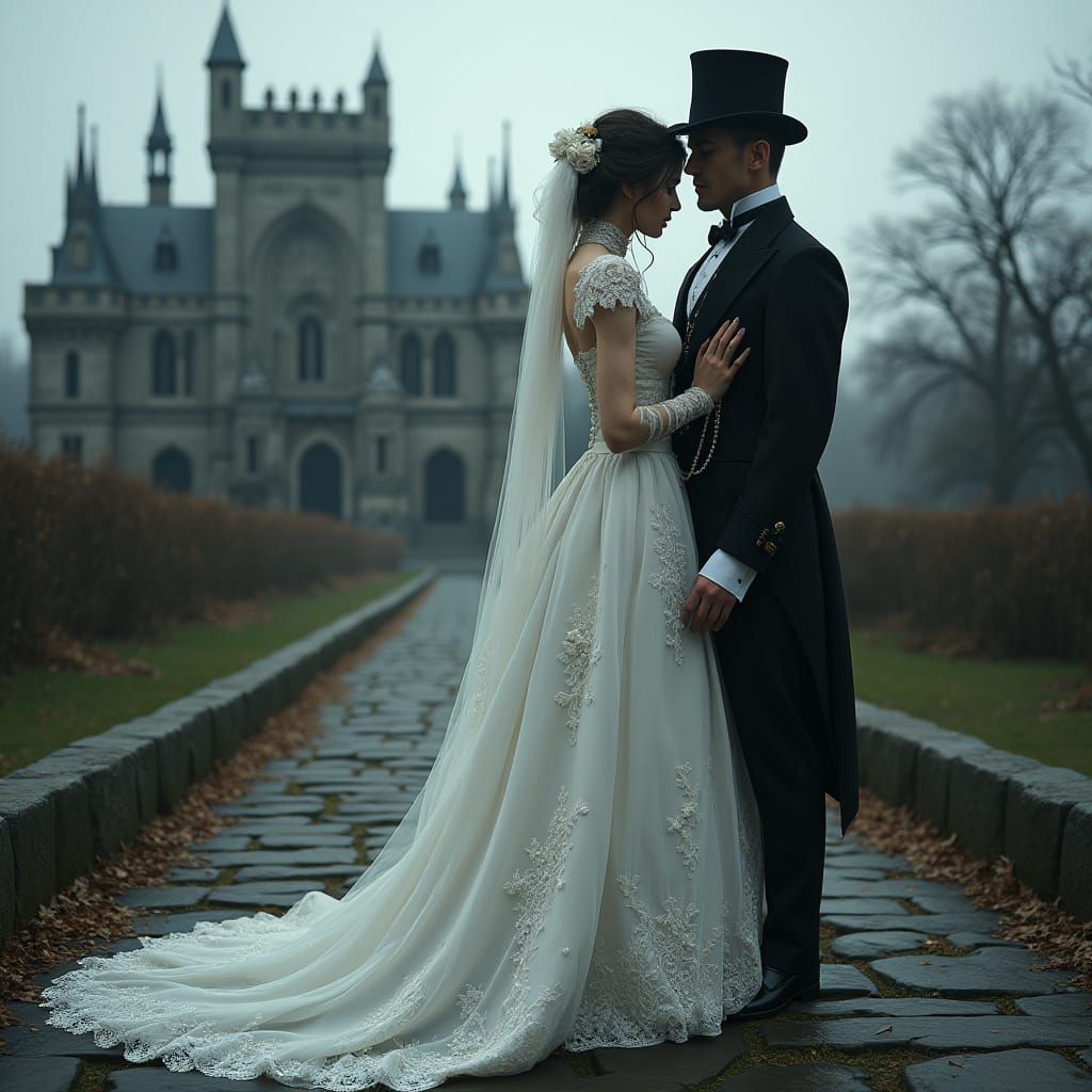 Gothic Bride and Groom in Front of a Majestic Castle