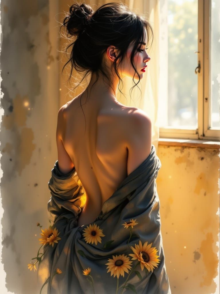 Woman in Sunlit Room with Sunflower Wrap