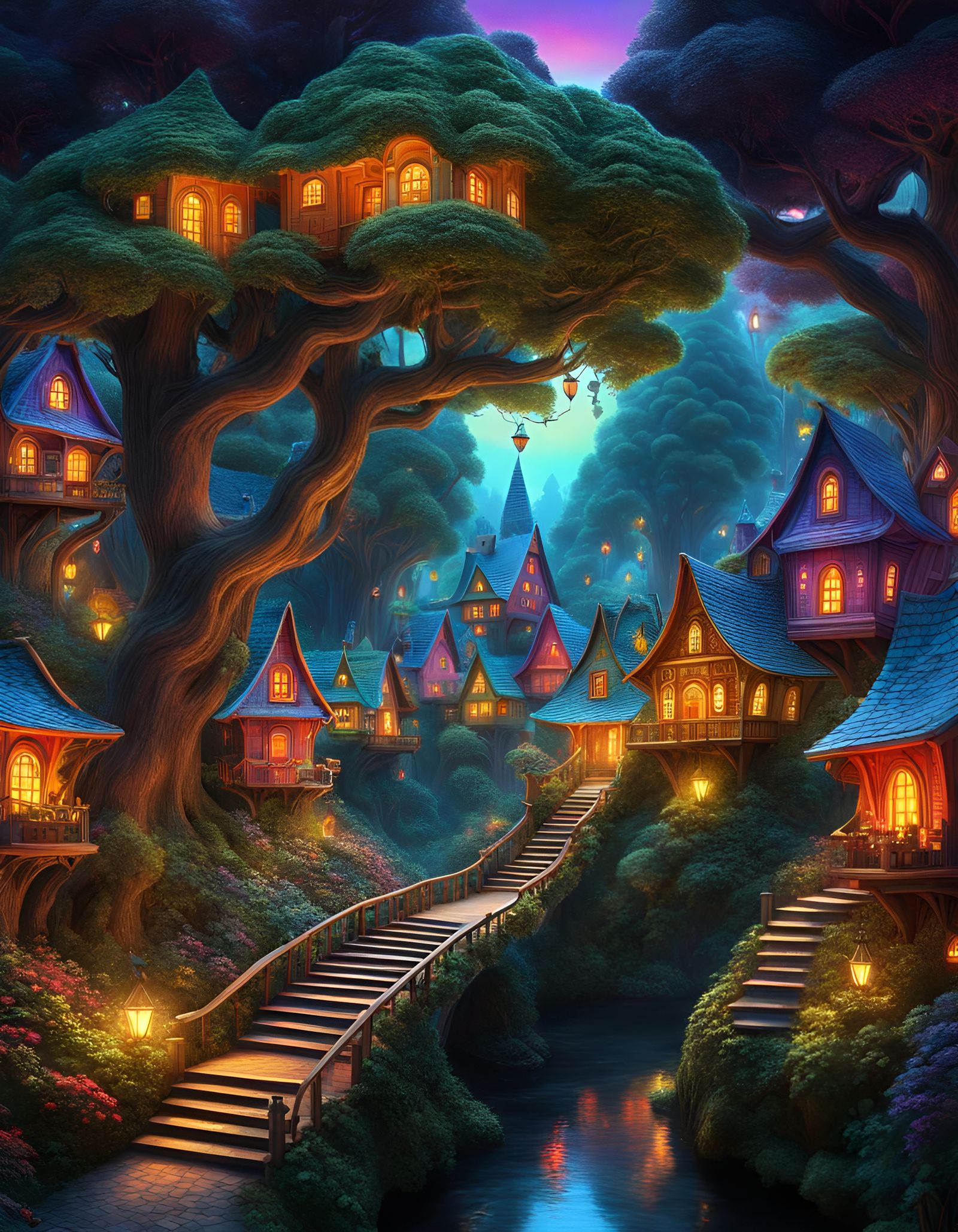 Enchanted Hologram Village in Forest Canopy