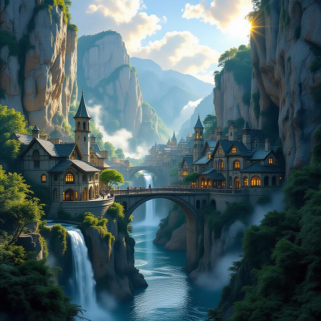 Magical Rivendell-like Village on Cliffside in Sunlight