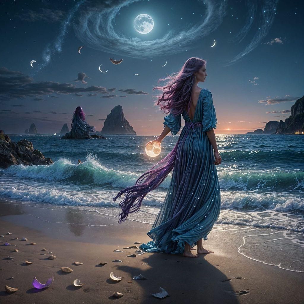 Bioluminescent Woman with Moon on Fantasy Beach