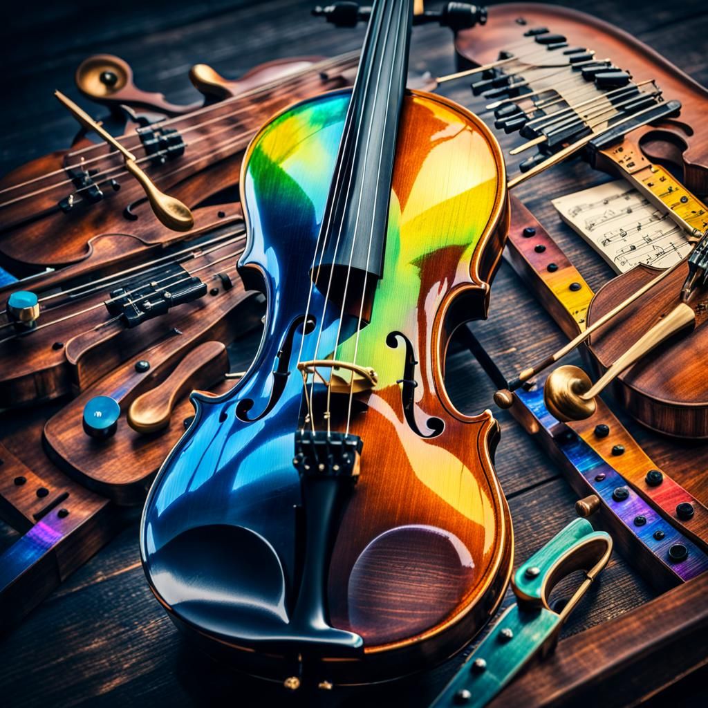 Iridescent Violin with Musical Notes in HDR