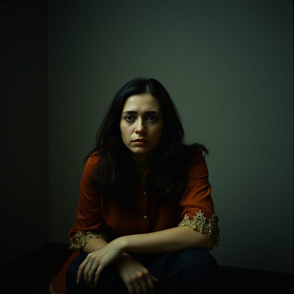 Contemplative Woman in Dimly Lit Room
