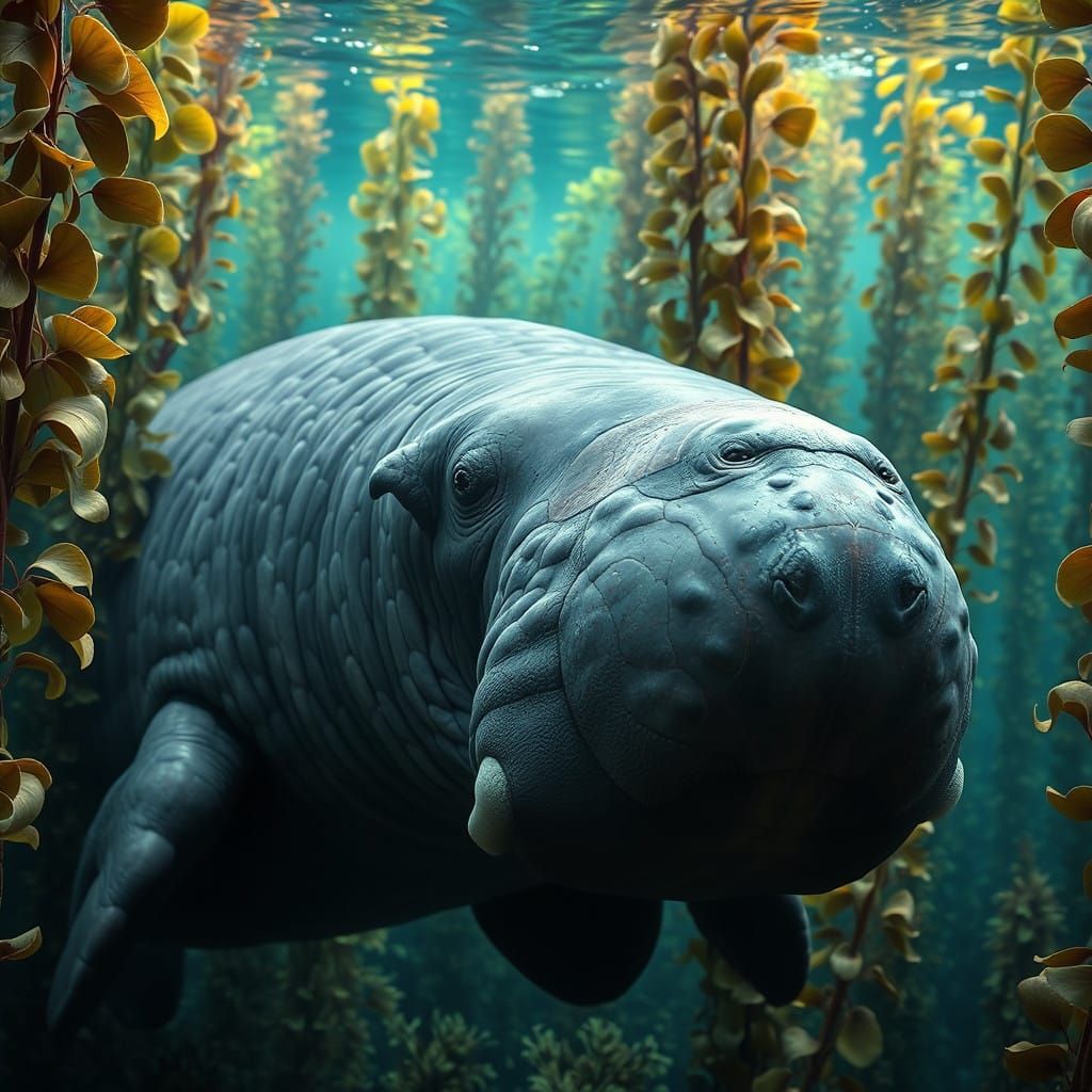 Hyperrealistic Steller's Sea Cow Portrait in Kelp Forest