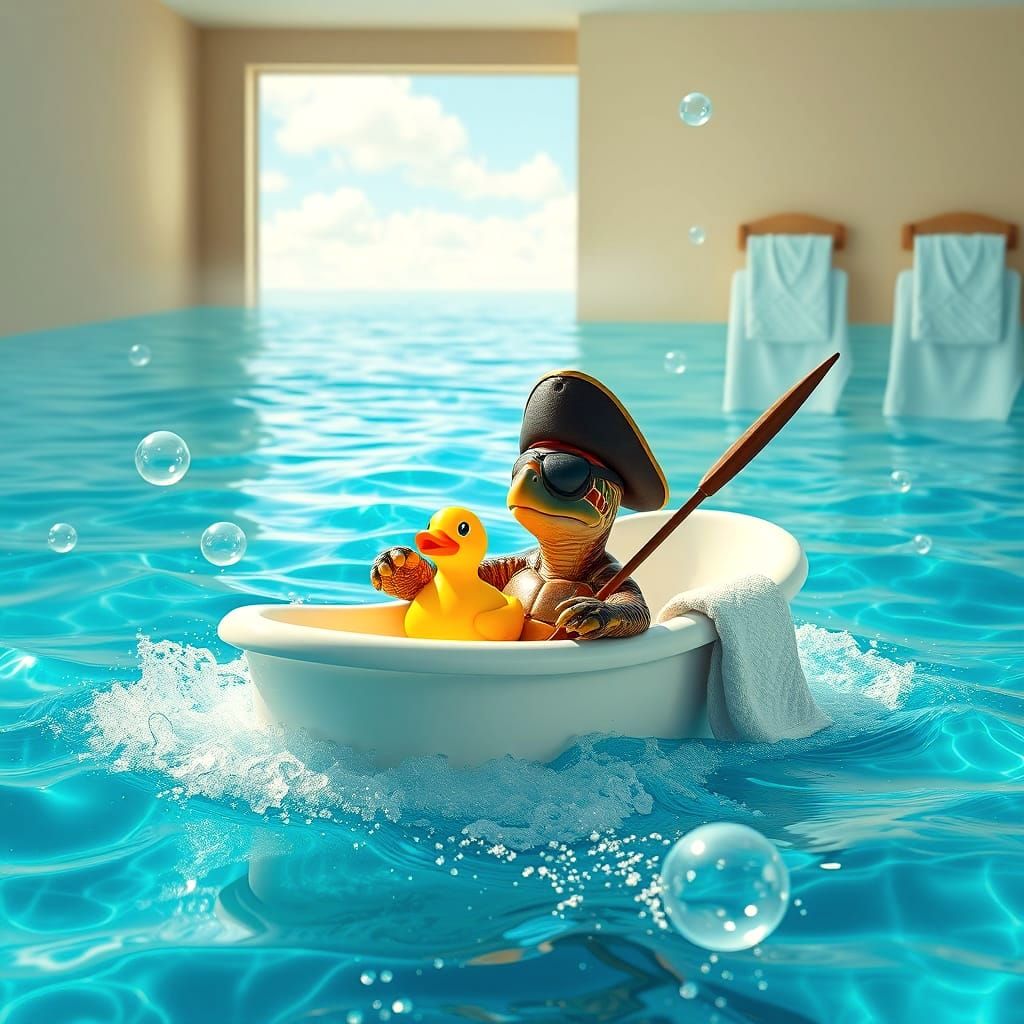 Turtle Pirate Steers Bath Tub Through Ocean