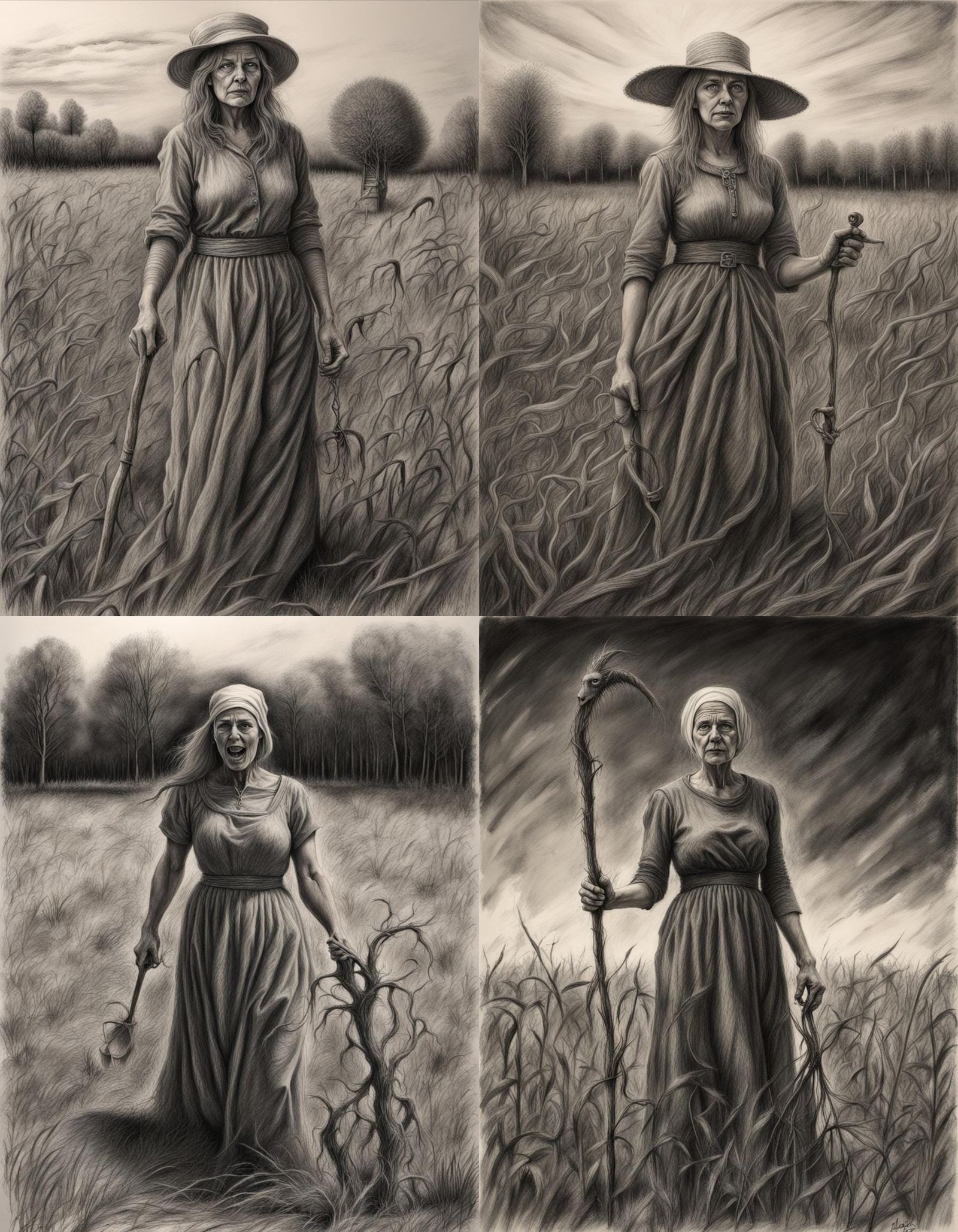 Scary Lady Midday in Grain Field: Charcoal Drawing
