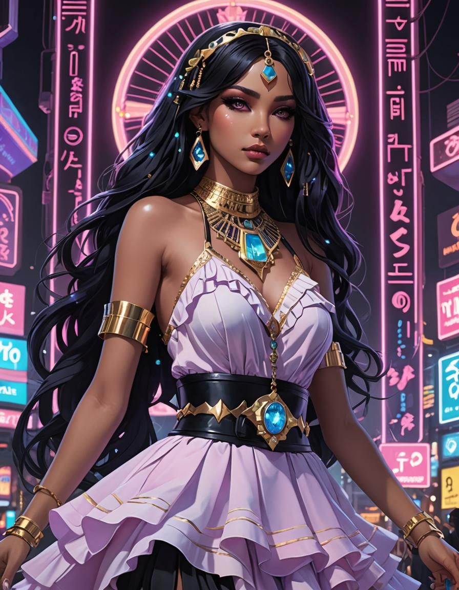 Pastel Goth Priestess in Neon Lights: 3D Anime Art