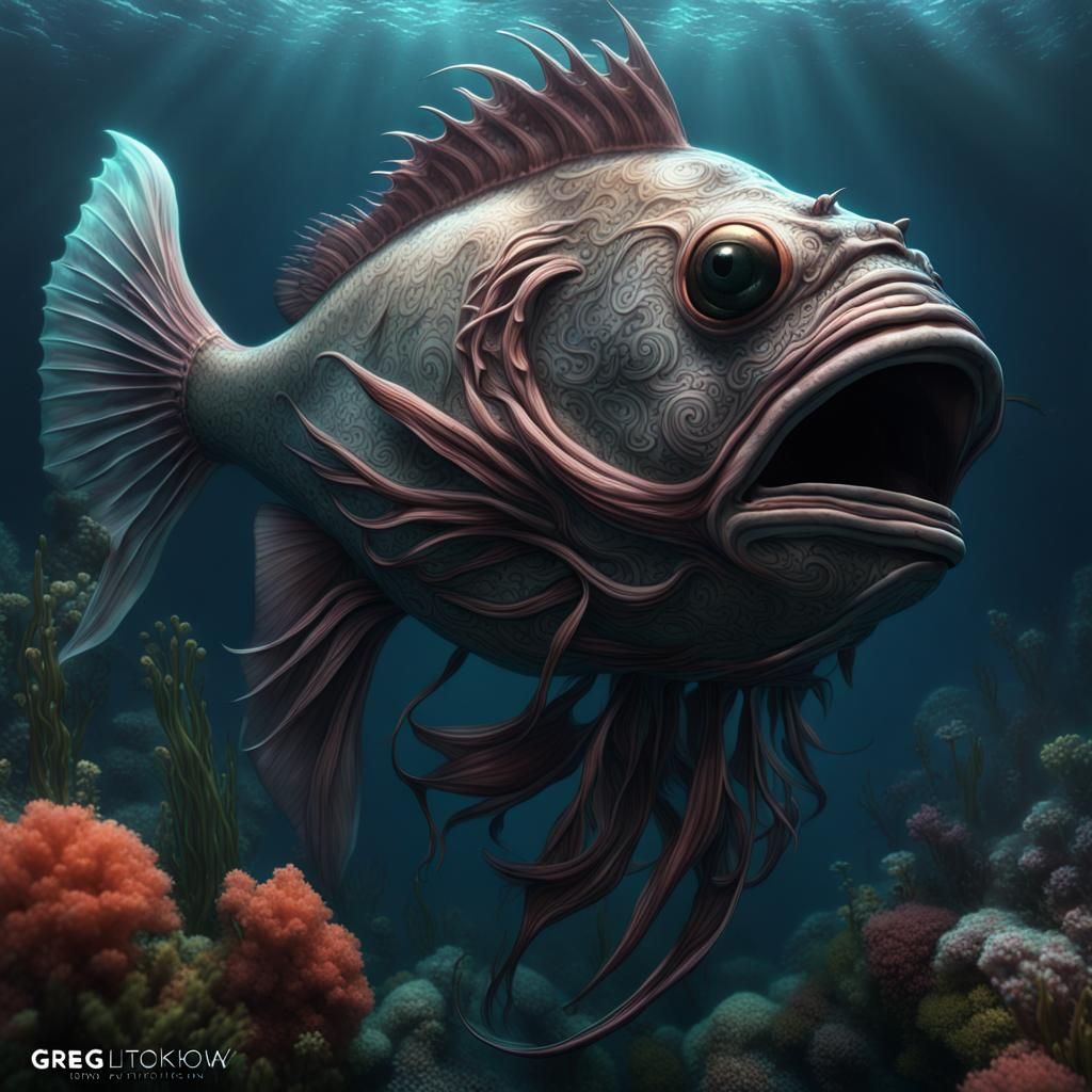 Intricate Underwater Monster Fish in Dark Fantasy Style