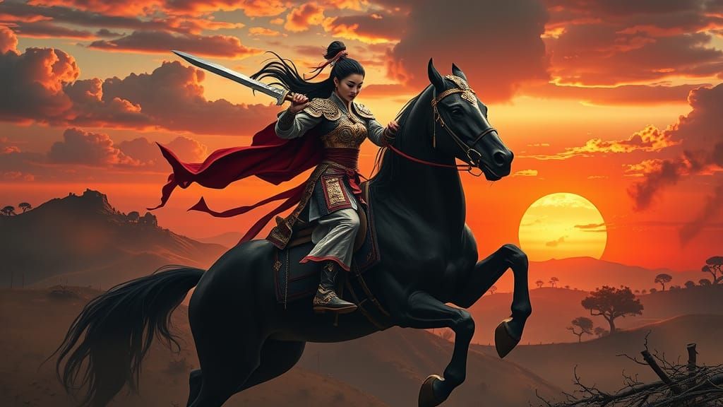 Asian Woman Warrior on Horseback in Ornate Armor