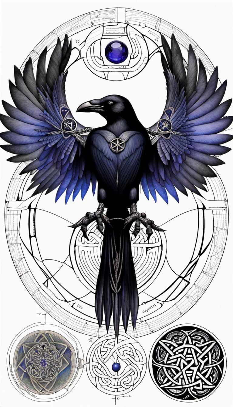 Anthropomorphic Crow: Technical Drawings with Celtic Runes