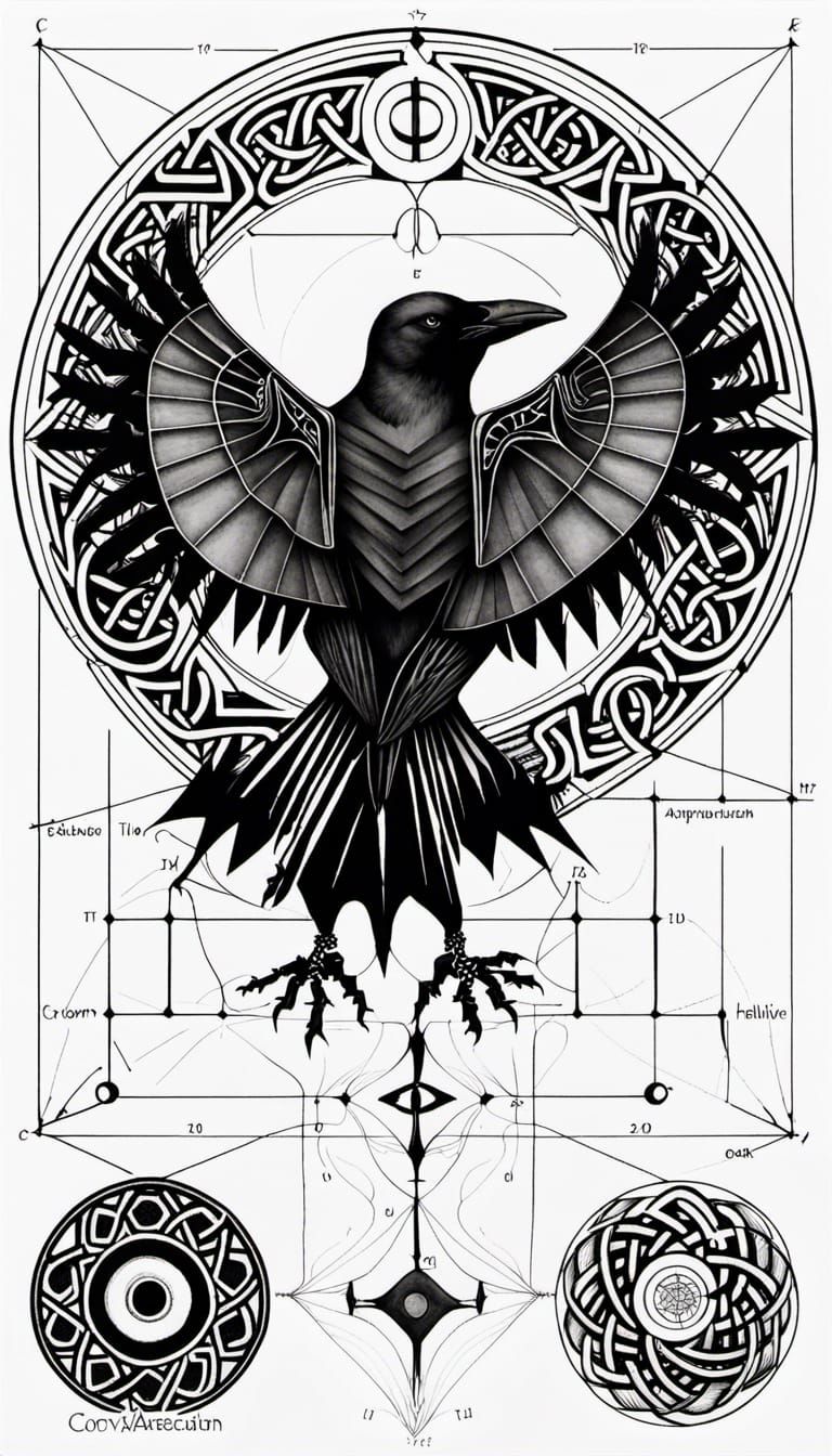 Anthropomorphic Crow with Technical Drawings and Celtic Rune...