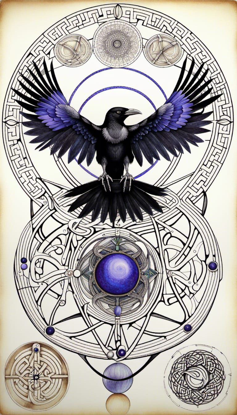 Anthropomorphic Crow: Technical Drawings with Celtic Runes