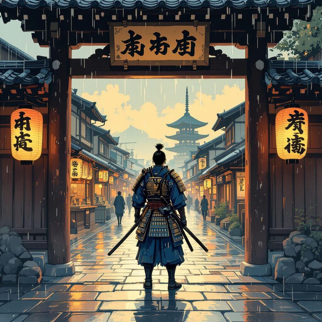 Samurai at Edo Tavern Entrance in Ukiyo-e Style