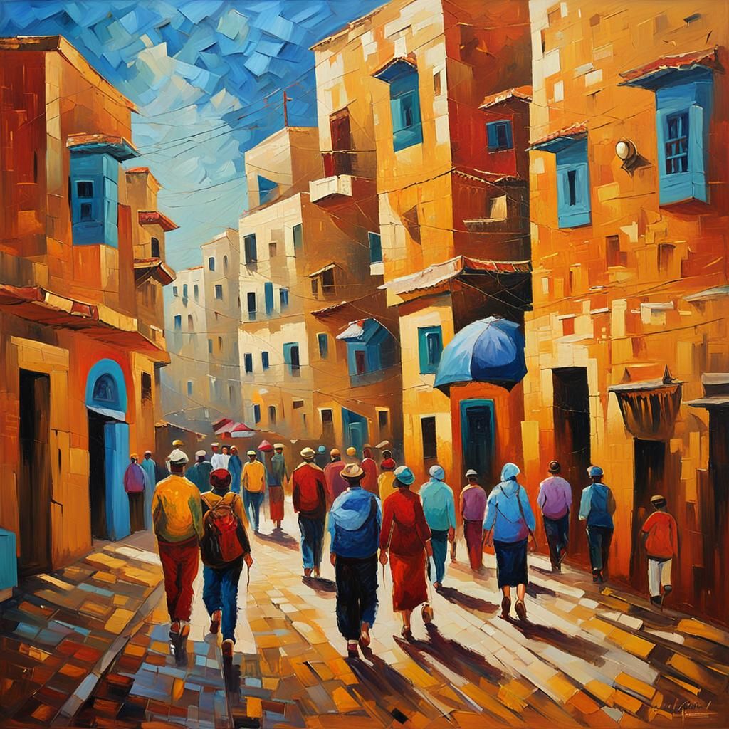 Vibrant Street Scenes in Tunisia, Neo-Expressionist Oil Pain...