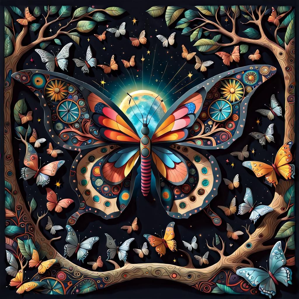 Cosmic Paper Butterfly with Colorful Windows in Folk Art