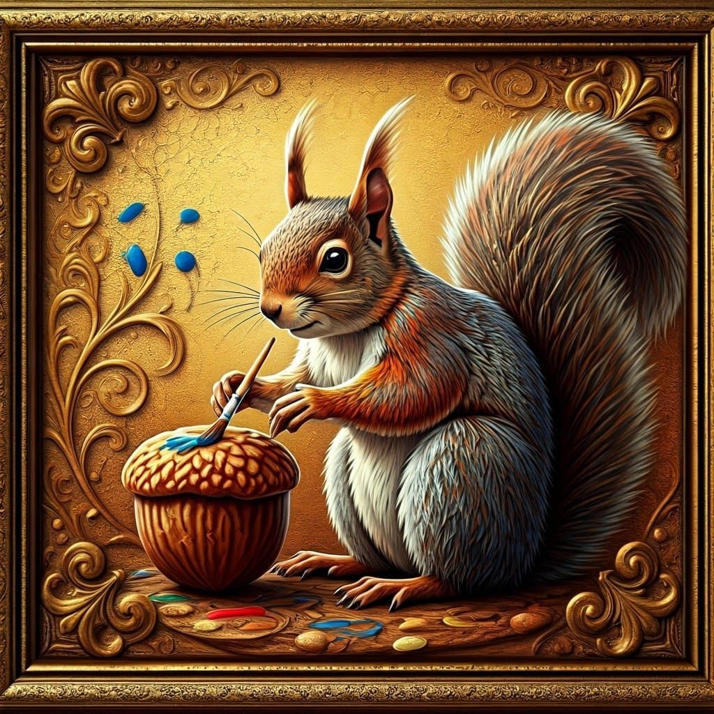 a squirrel paints a nut with  paintbrush