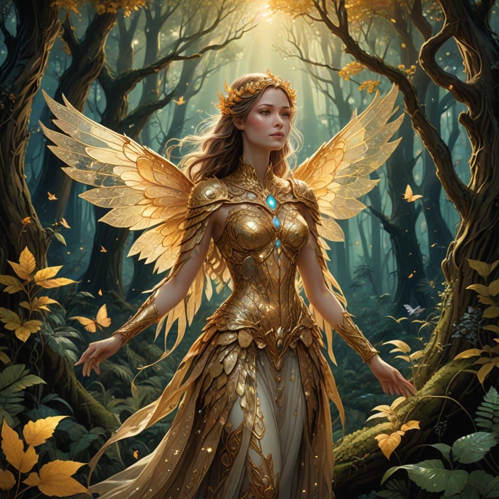 Golden Goddess in a Luminous Forest