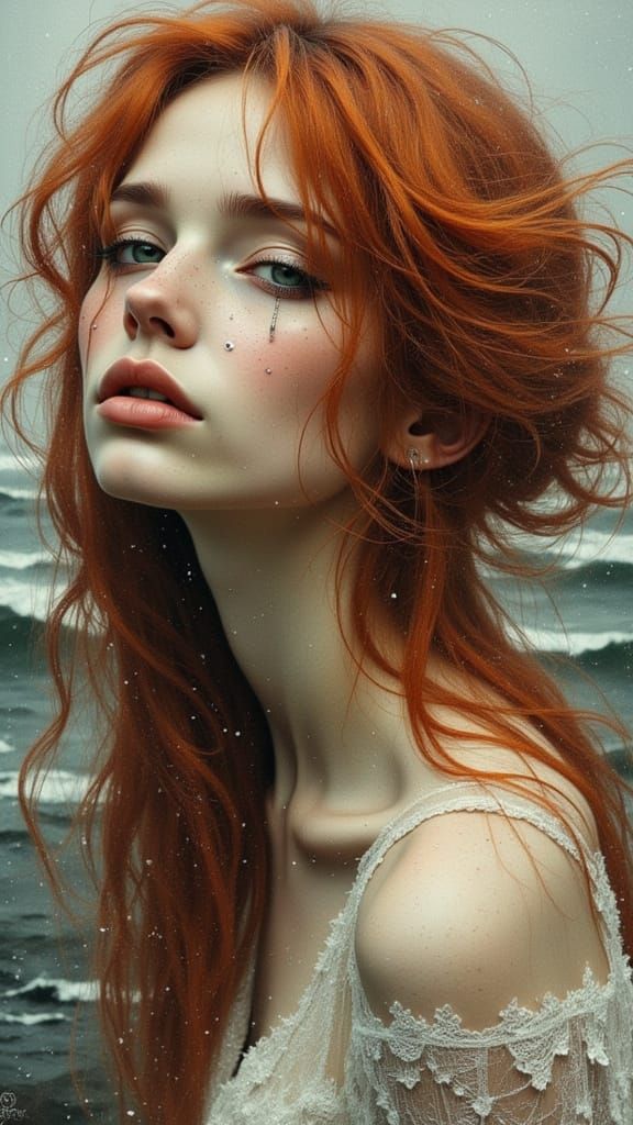 Ethereal Pre-Raphaelite Woman with Tears by the Sea