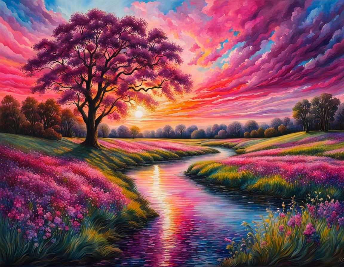 Colorful Floral Landscape with Creek as Oil Painting