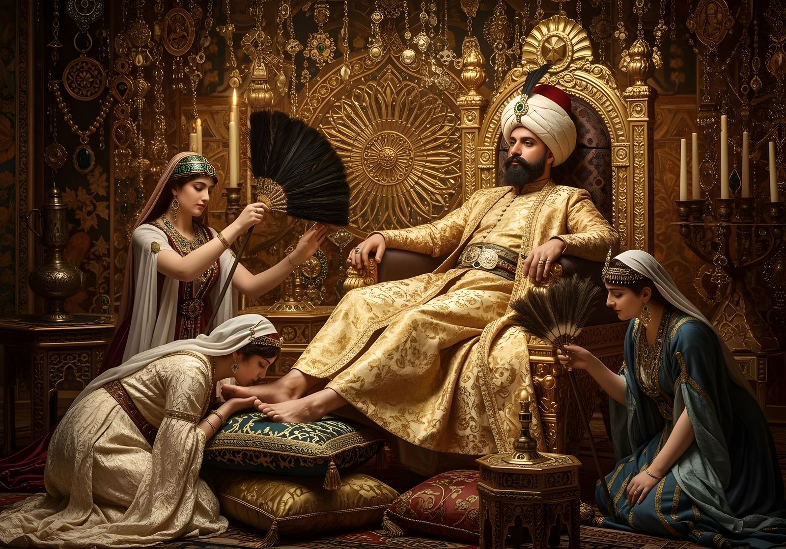 Ottoman Sultan in Harem, Orientalist Painting Style