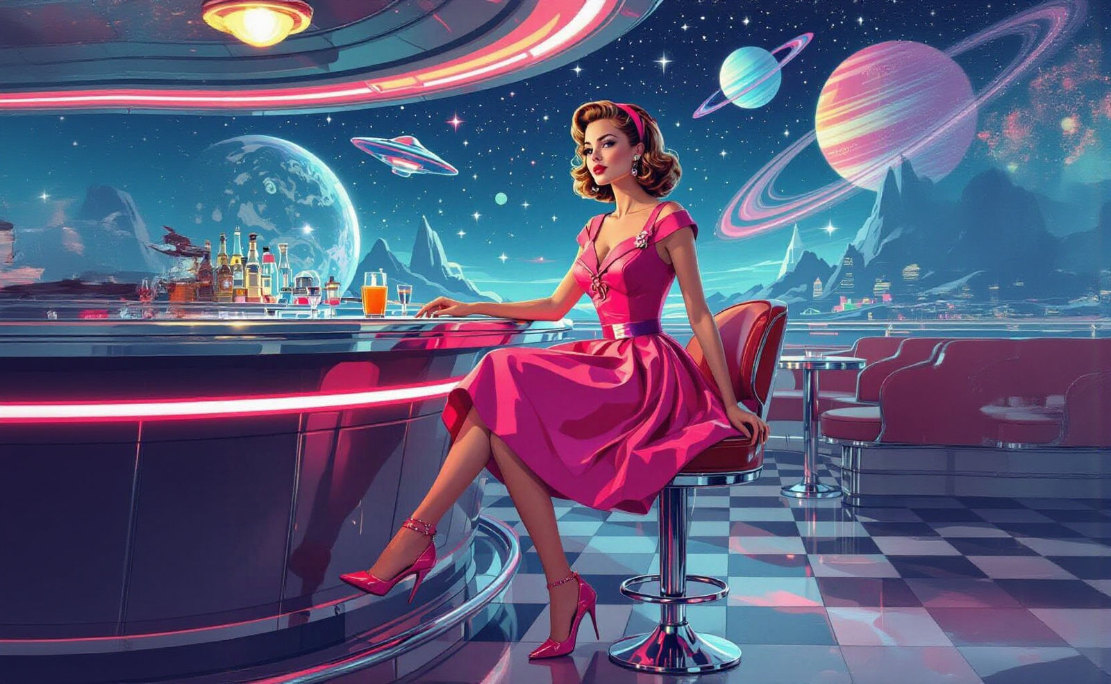 1950s Pin-Up Girl in Space Age Cafe