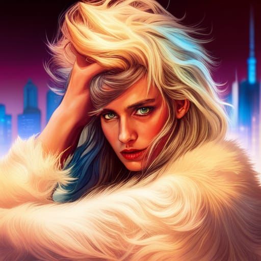Werewolf and Girl in Neon City, Hyperrealistic 80s Style
