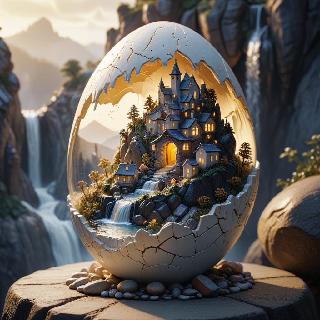 Whimsical Ceramic Sculpture of a Mountain Town in a Golden E...