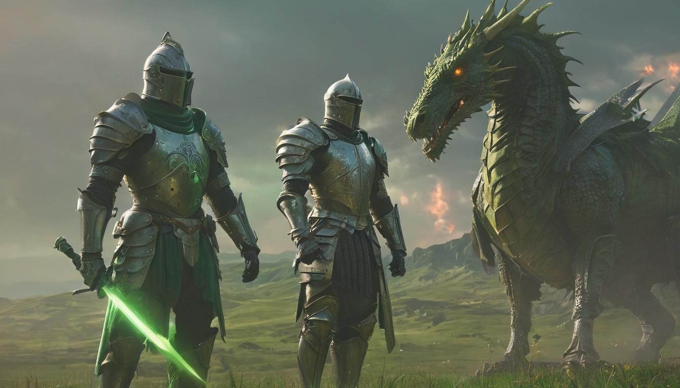 Knight with Futuristic Lance and Dragon in Cyberpunk Style