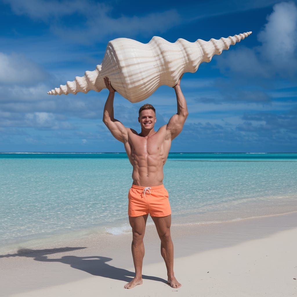 Strong Man Lifts Vibrant Seashell on Tropical Beach