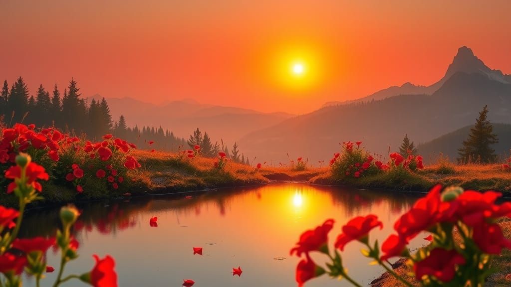 Fire Red Sun Over Mountain Field