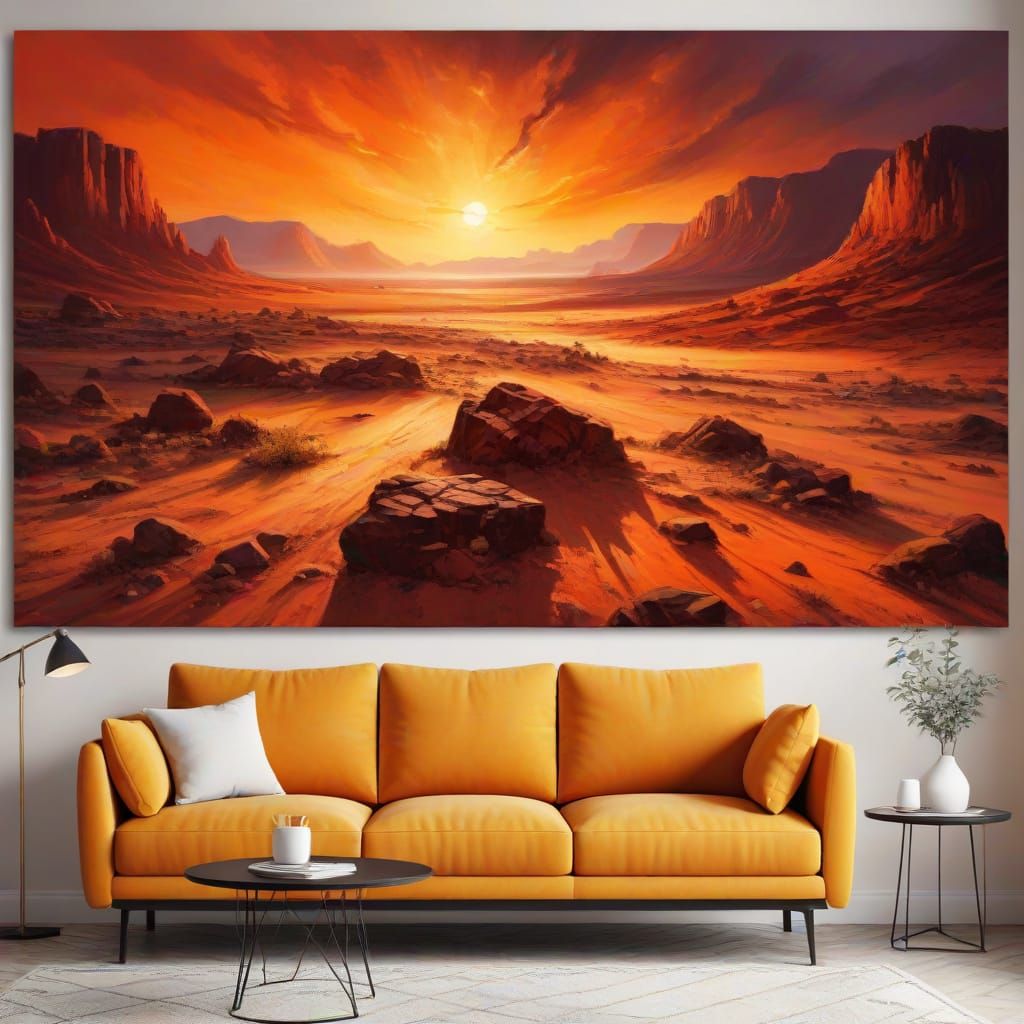 Surreal Desert Landscape Under Burning Sky
