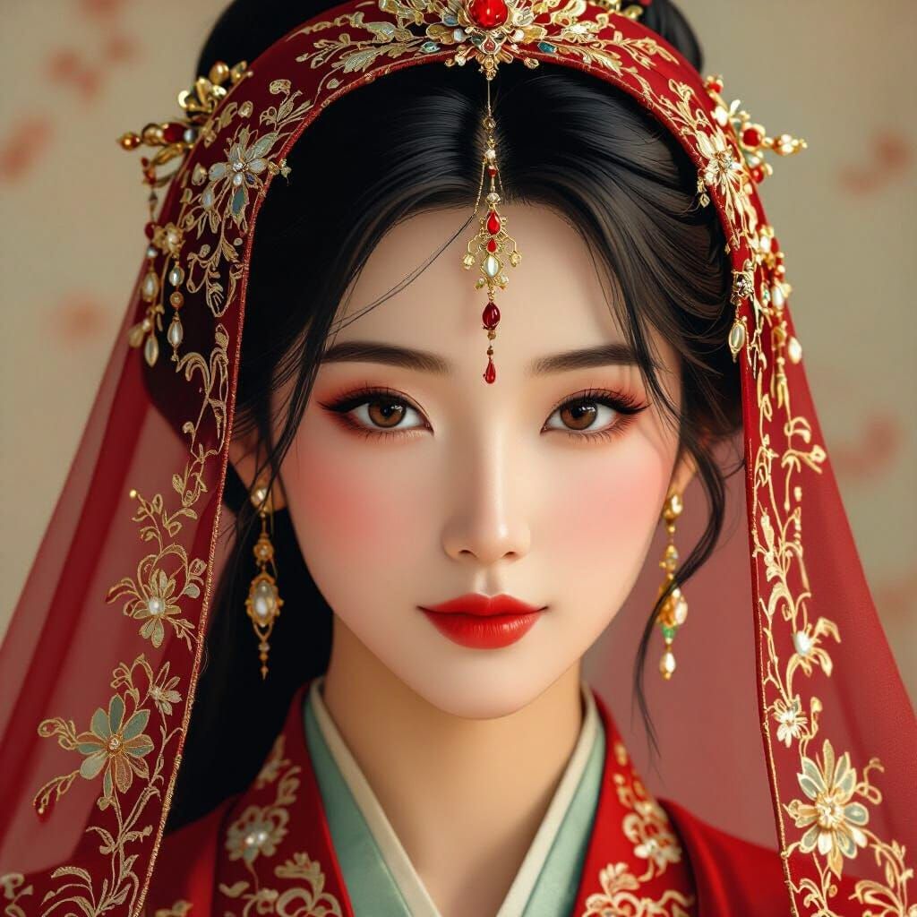 Mulan in Crimson Silk Veil with Gold Embellishments
