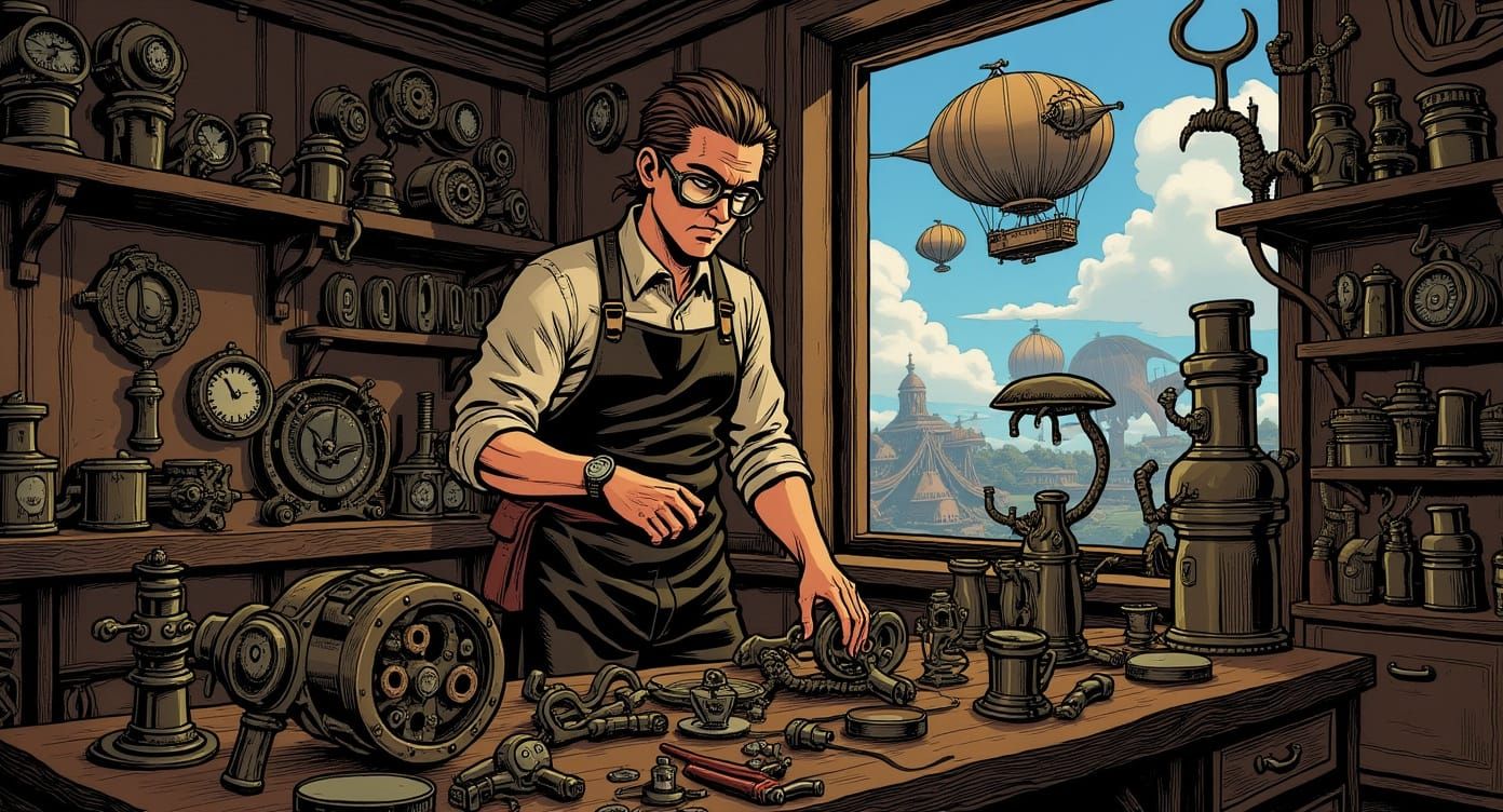 In a bustling steampunk metropolis, a lone inventor tinkers away in his workshop, surrounded by gears, gadgets, and half...
