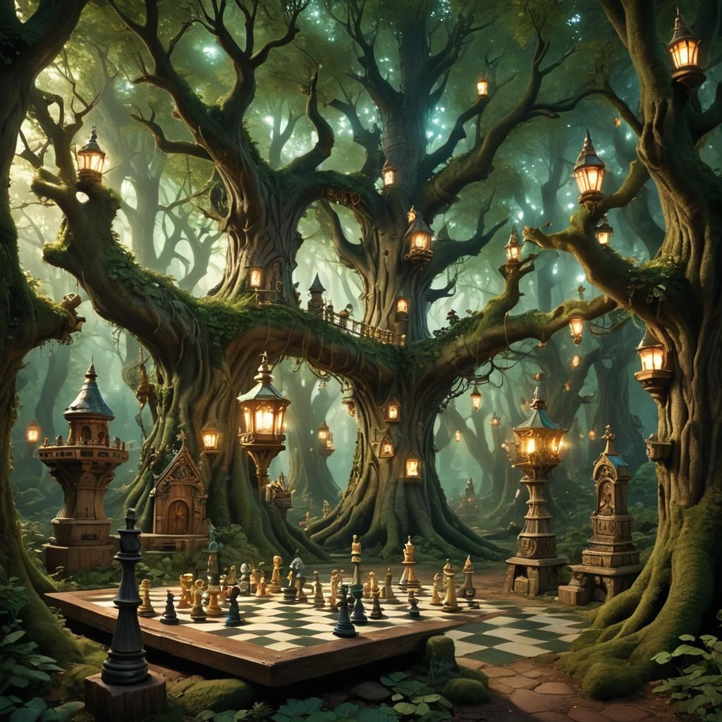 Enchanted Forest Chessboard with Magical Creatures