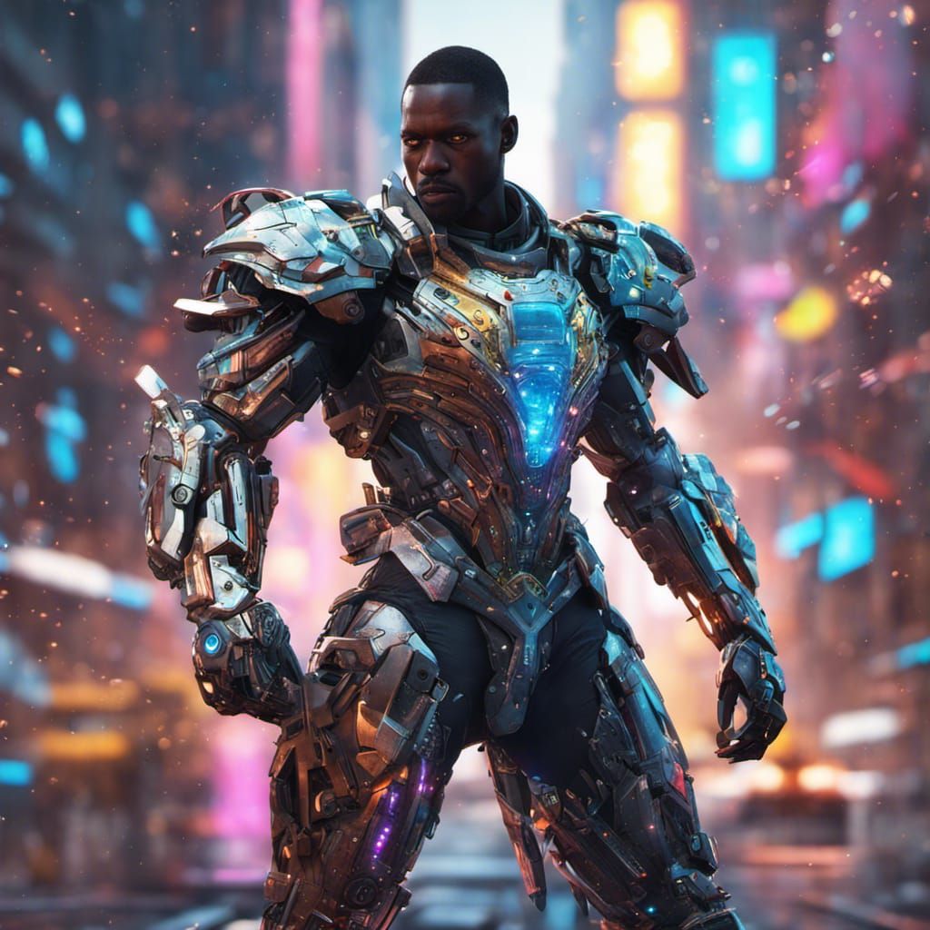 Cyberpunk African Warrior in Rainbow Armor
